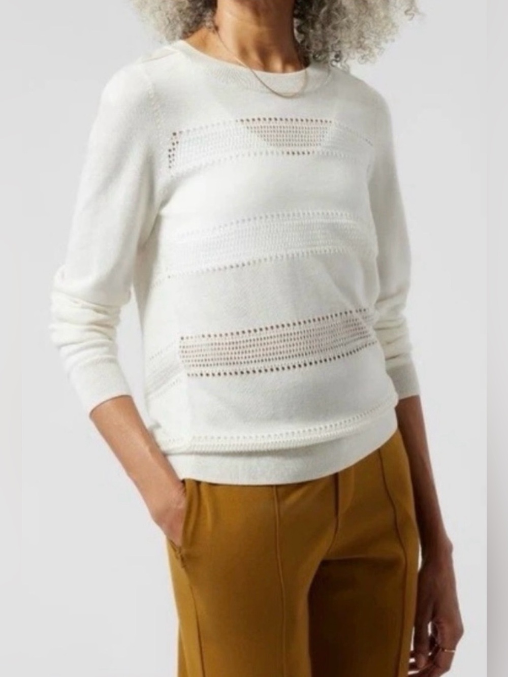 Athleta Crewneck Sweater, Sz. M, Ivory, Lightweight, Open Weave Stripes, 15%Wool